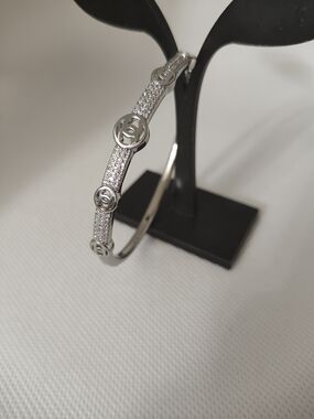 Silver Crystal Pavé Logo-Accent Bangle Bracelet